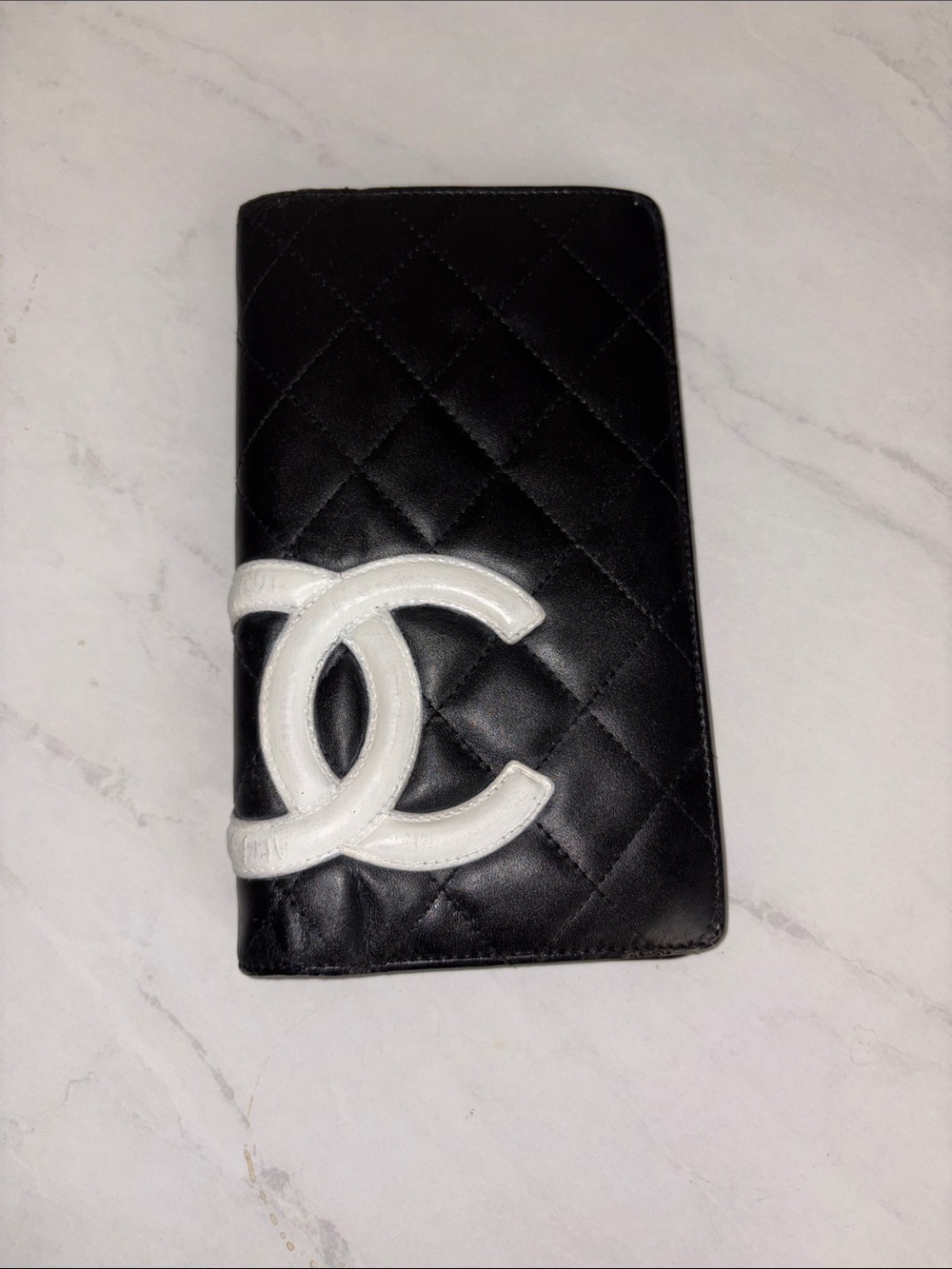 CHANEL Cambon Black Quilted Leather Long Wallet - White CC Logo